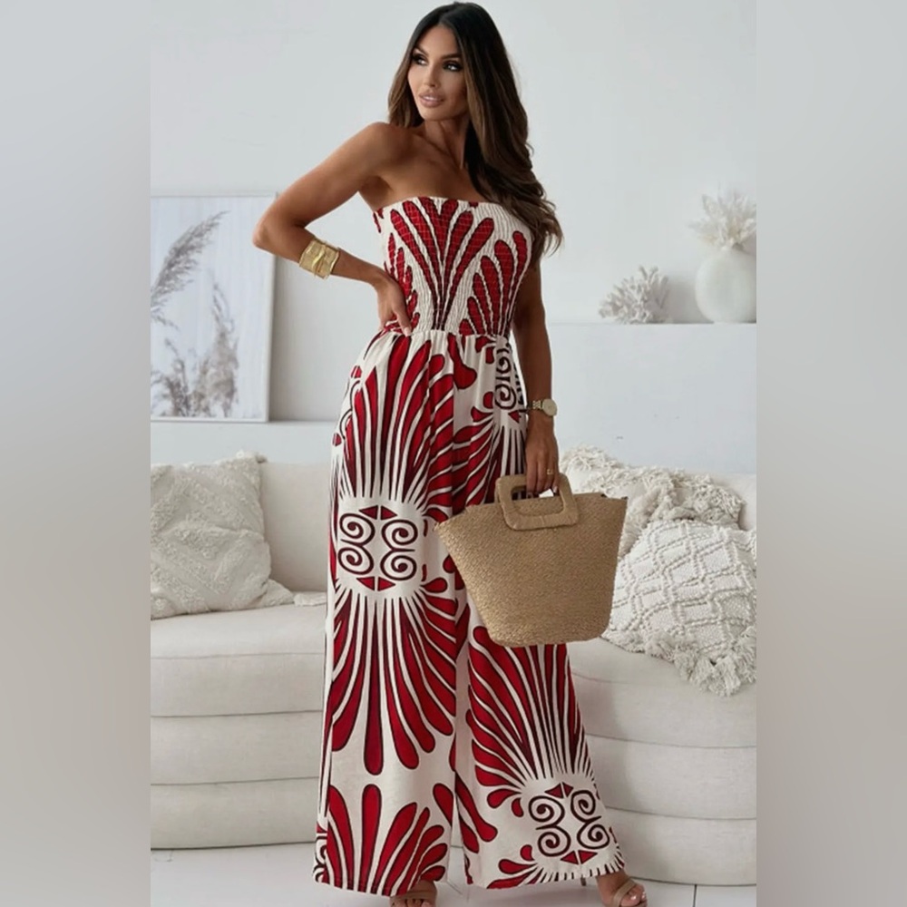 Strapless Red & White Maxi Dress